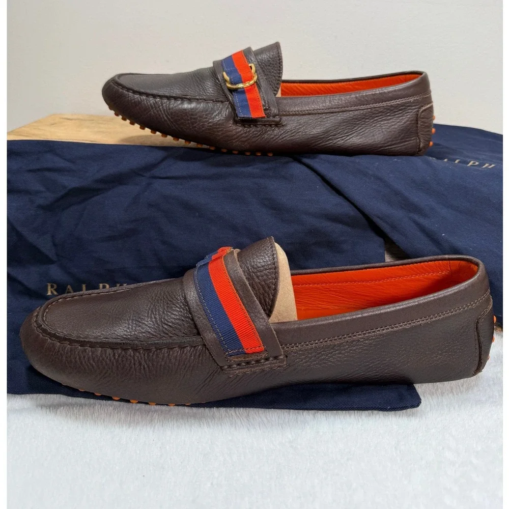 Ralph Lauren Hemming Driving Loafers Men Brown Leather Orange Sole 11 Italy